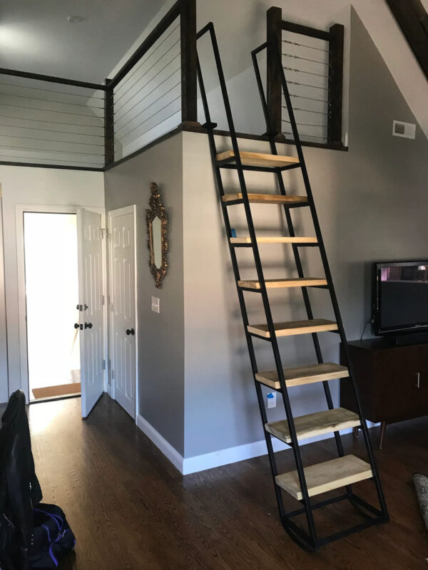 9ft Black Steel Librarian Loft Ladder With Wood Stairs